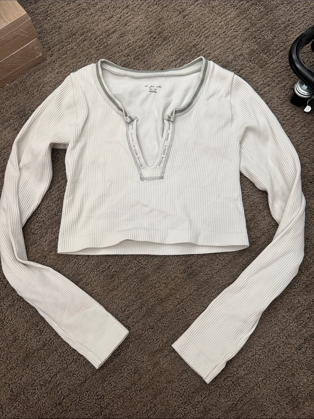 Urban Outfitters Off-White Ribbed Long-Sleeve Crop Top with Gray Trim